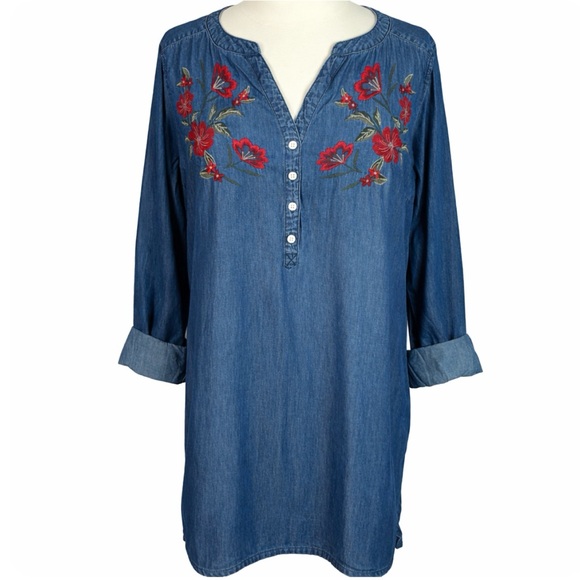 Express Chambray Embroidered Popover Dress Denim Western Boho XL - Picture 2 of 9